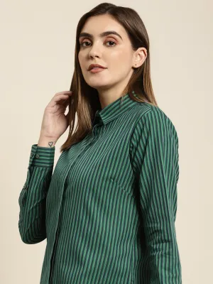 Women Green Striped Pure Cotton Regular Fit Formal Shirt