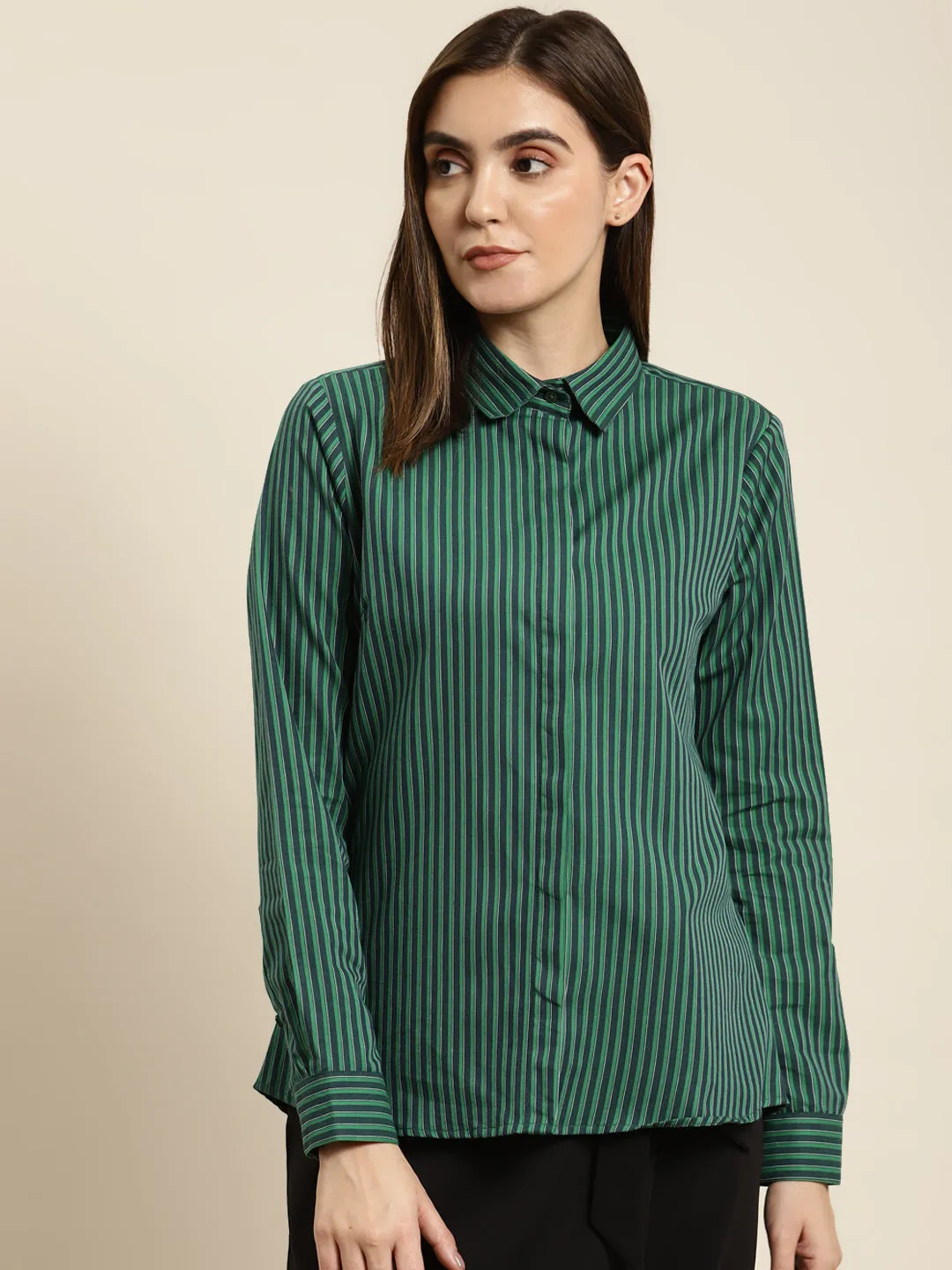Women Green Striped Pure Cotton Regular Fit Formal Shirt