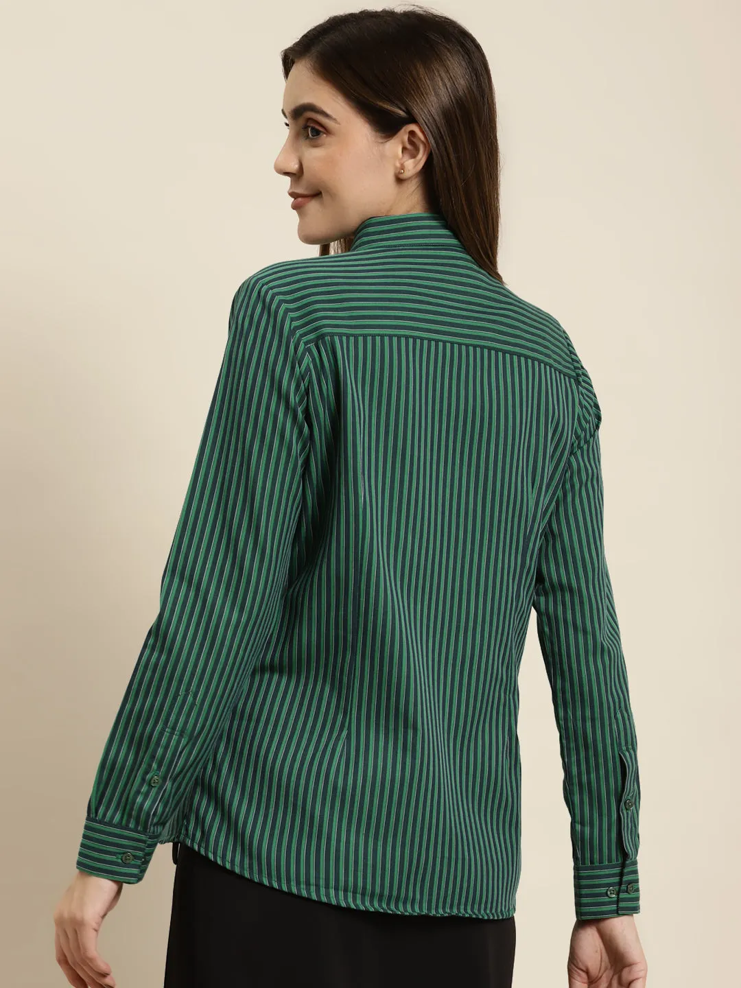 Women Green Striped Pure Cotton Regular Fit Formal Shirt