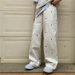 Women Jeans Casual Heart Shaped Embroidery Elastic Waist