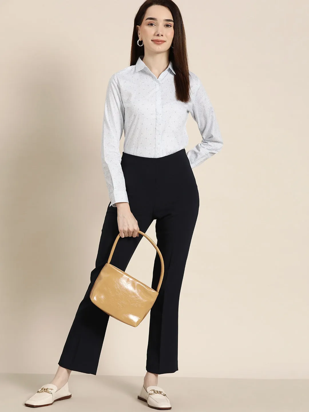 Women White & Blue Printed Pure Cotton Slim Fit Formal Shirt