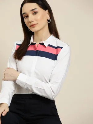 Women White-Navy Solids Pure Cotton Slim Fit Formal Shirt