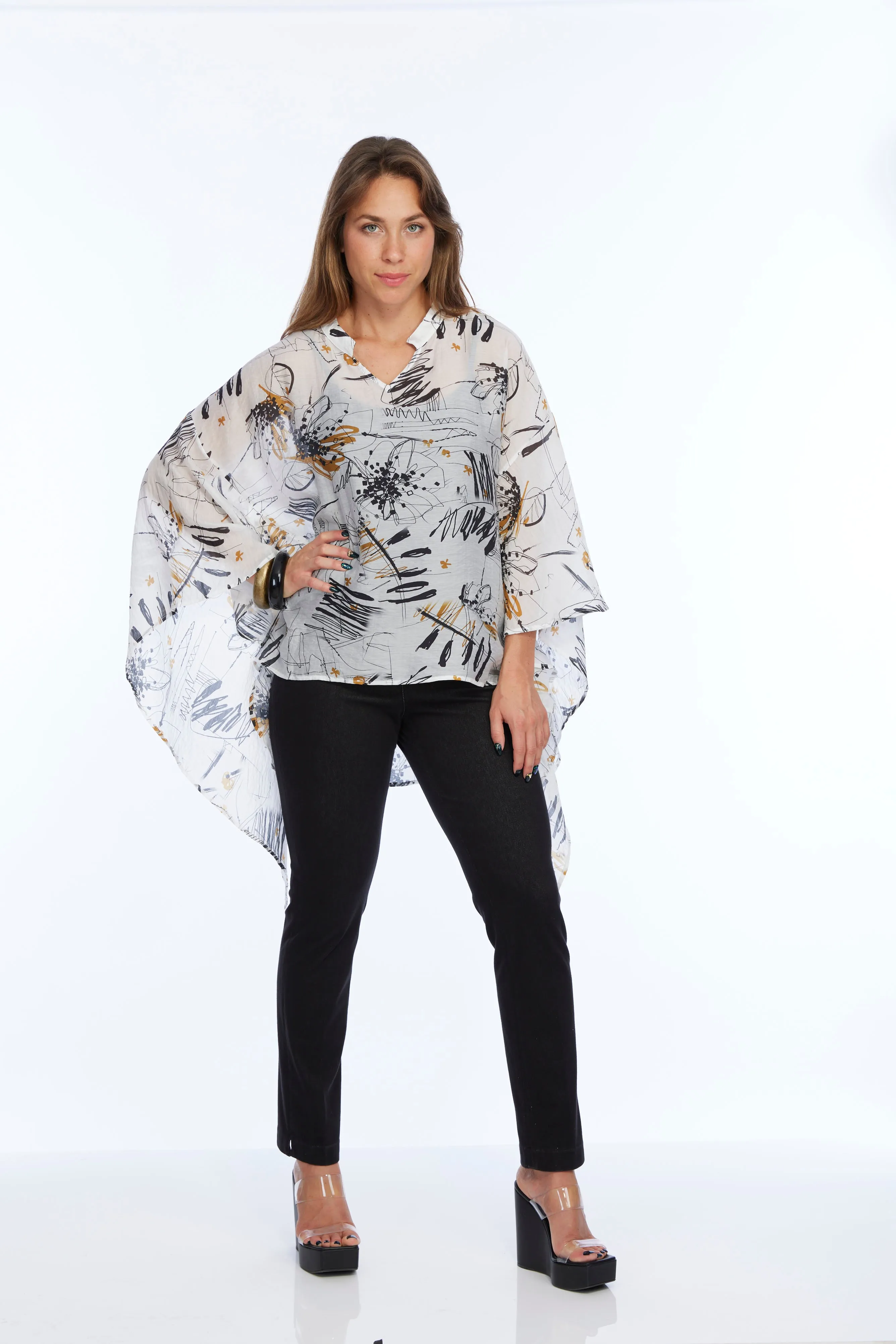 Women's 2 Size Sheer Scribble Print Flowy Blouse - "Maya"