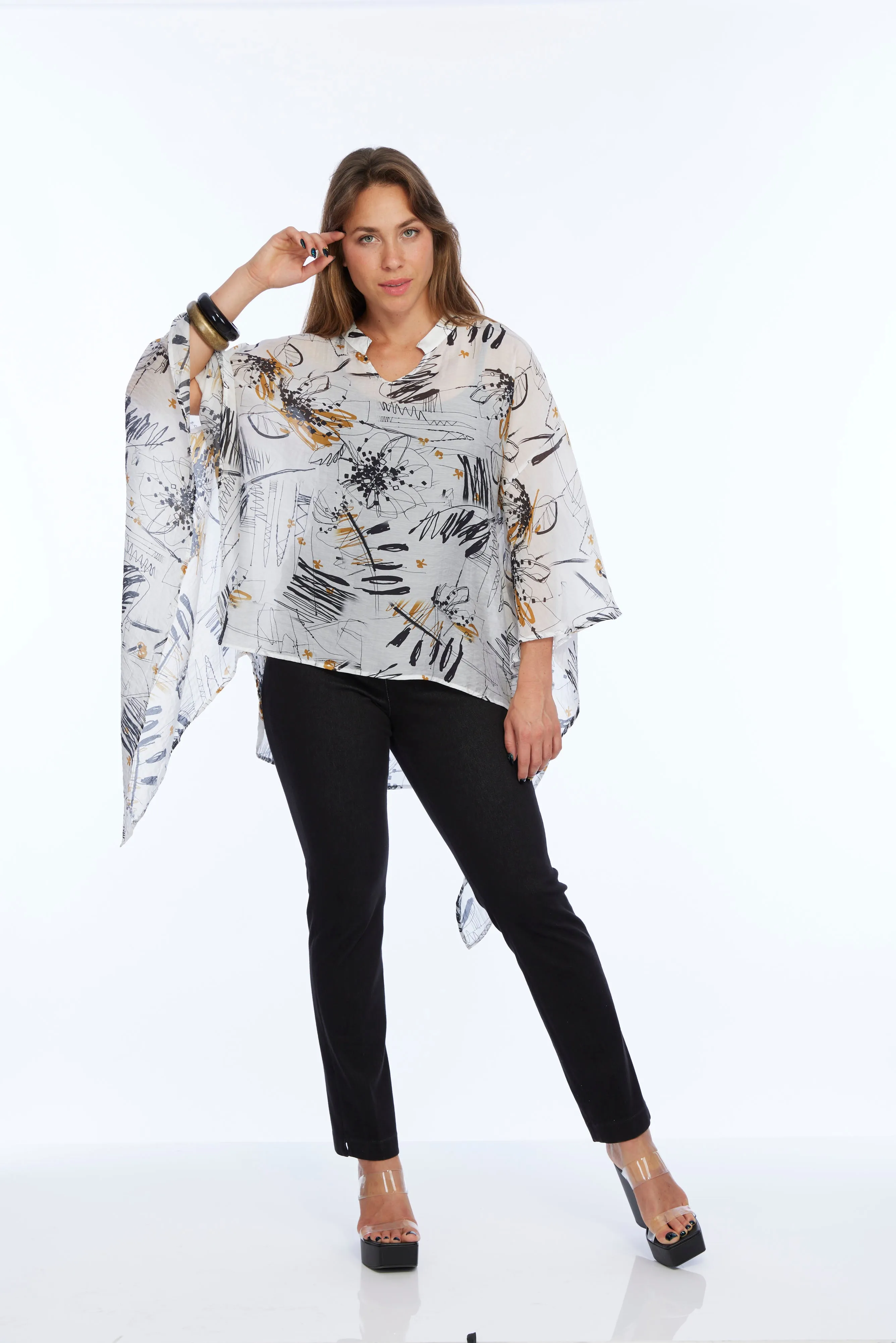 Women's 2 Size Sheer Scribble Print Flowy Blouse - "Maya"