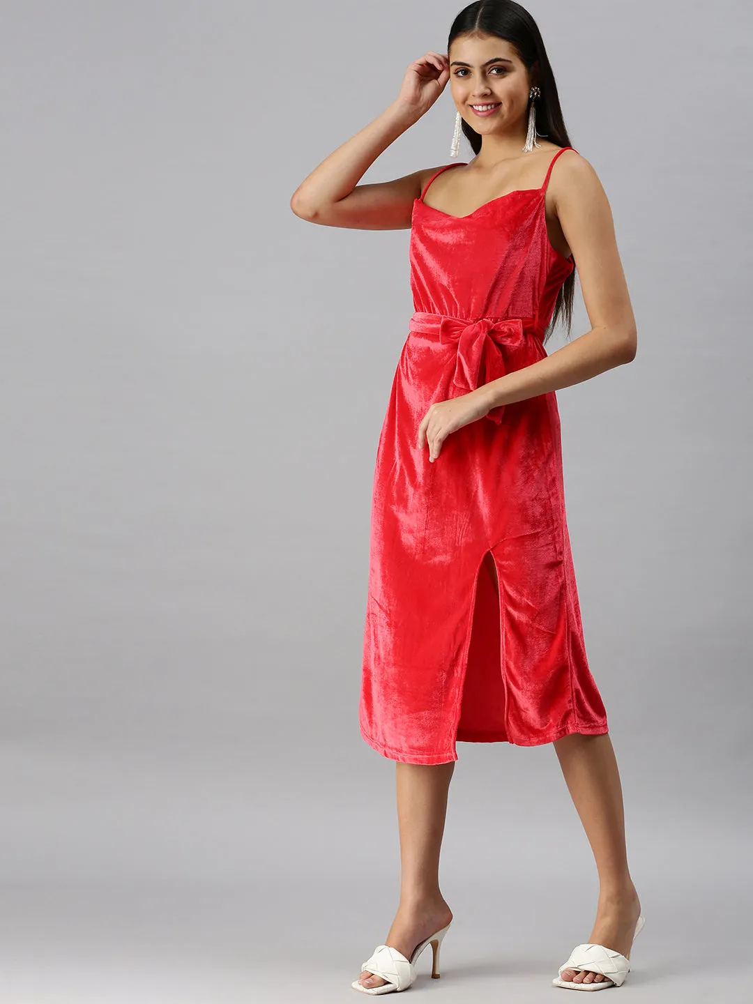 Women's A-Line Cowl Red Solid Dress