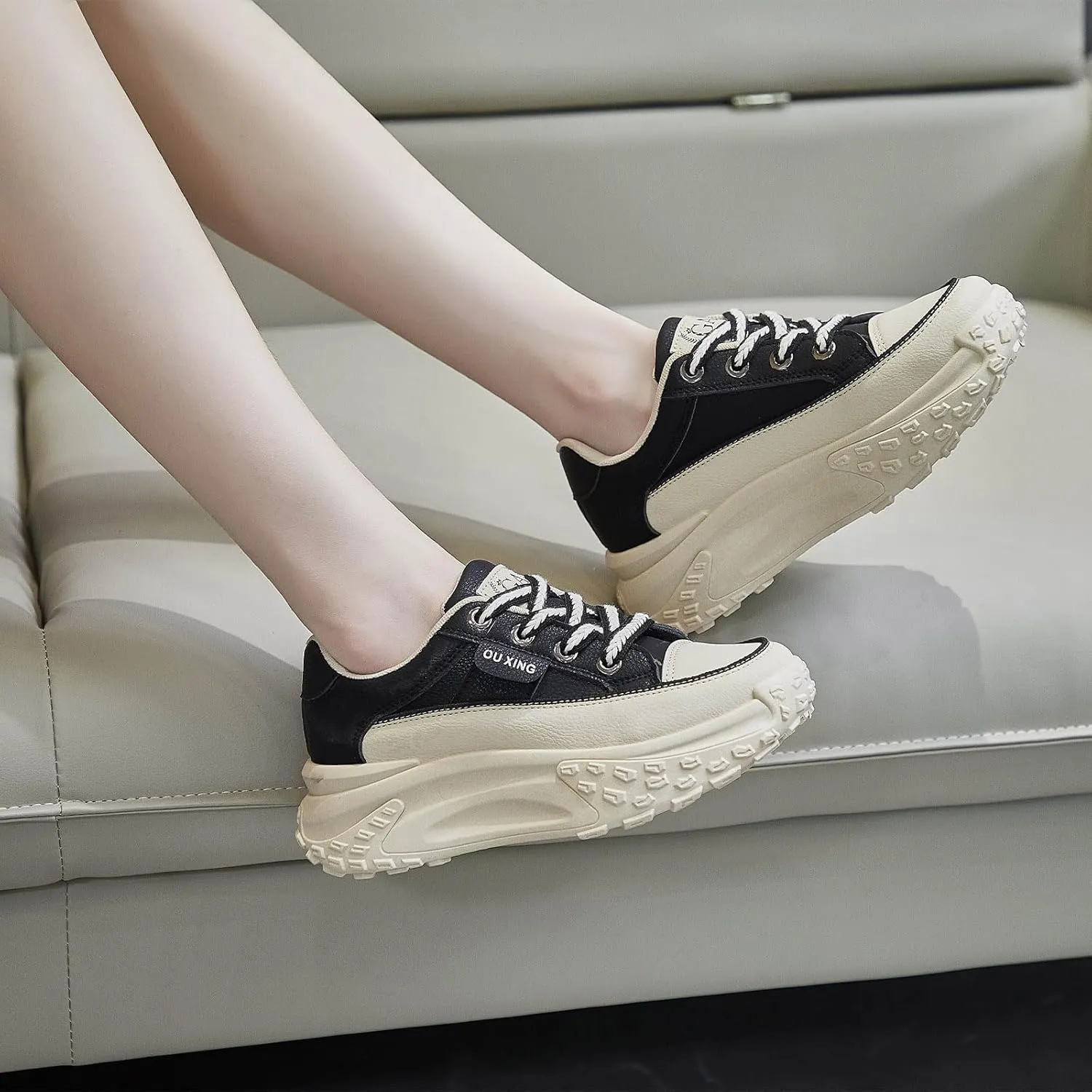 Women's Leather Platform Increasing Sneakers Fashion Chunky Lace Up Low Top Sports Trainers High Top Casual Non-Slip Walking Dad Shoes