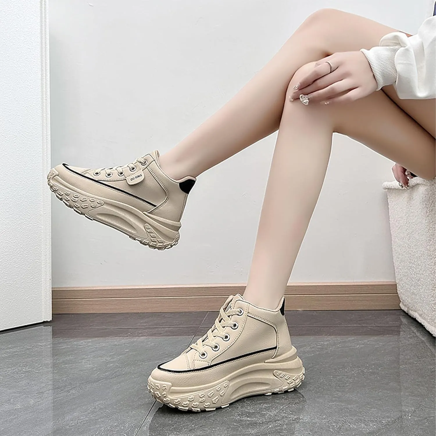 Women's Leather Platform Increasing Sneakers Fashion Chunky Lace Up Low Top Sports Trainers High Top Casual Non-Slip Walking Dad Shoes