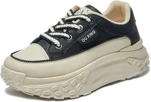 Women's Leather Platform Increasing Sneakers Fashion Chunky Lace Up Low Top Sports Trainers High Top Casual Non-Slip Walking Dad Shoes