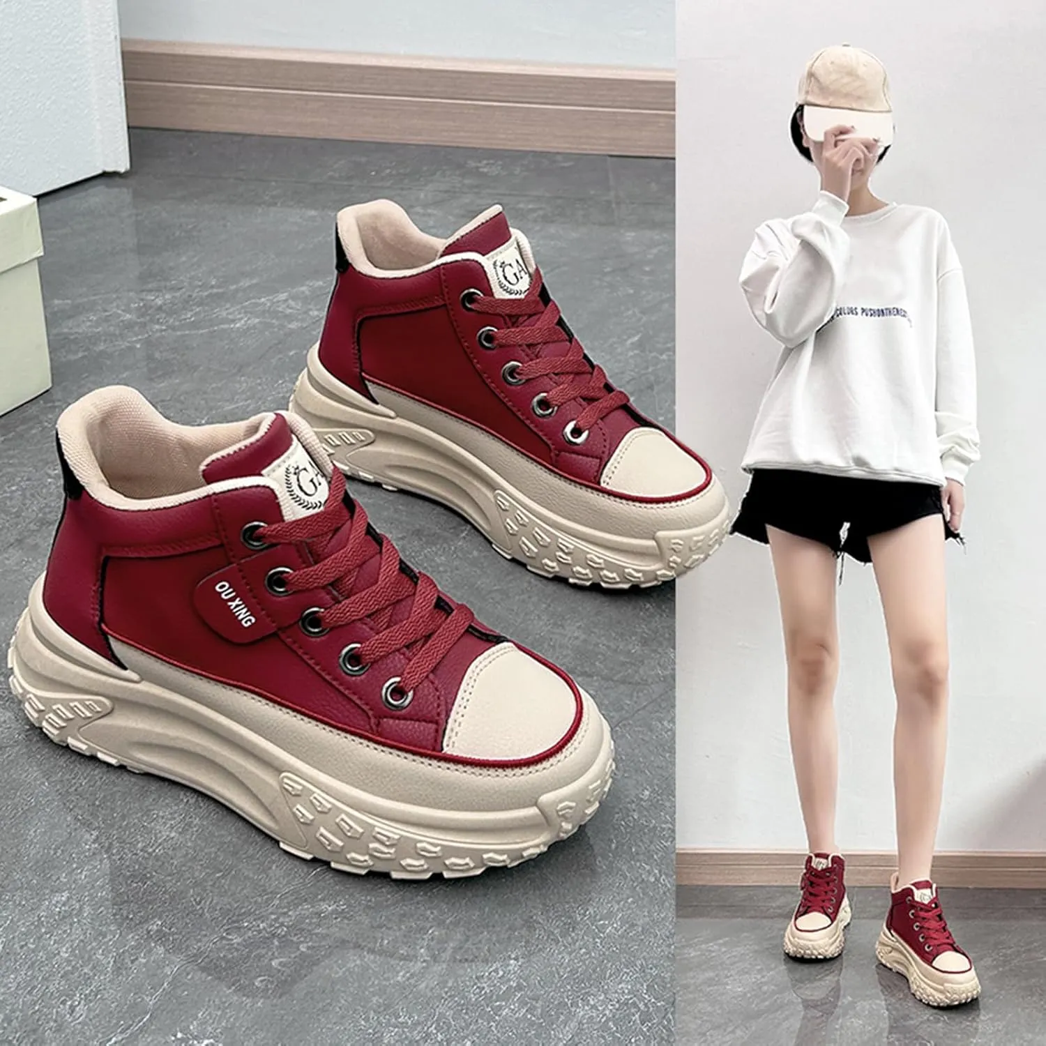 Women's Leather Platform Increasing Sneakers Fashion Chunky Lace Up Low Top Sports Trainers High Top Casual Non-Slip Walking Dad Shoes