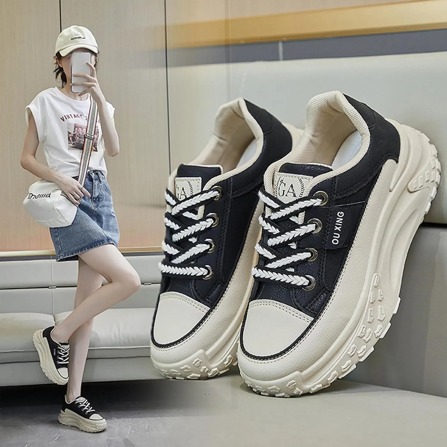 Women's Leather Platform Increasing Sneakers Fashion Chunky Lace Up Low Top Sports Trainers High Top Casual Non-Slip Walking Dad Shoes