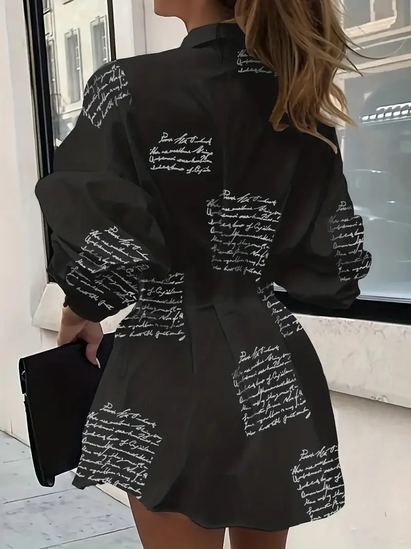 Women's Letter Print Button Down Collar Mini Dress / Black