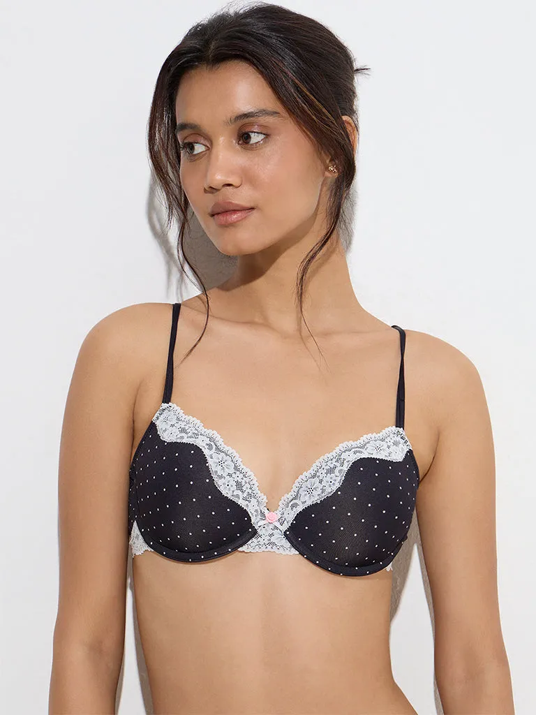 Wunderlove Black Polka Dotted Padded Under-Wired Bra