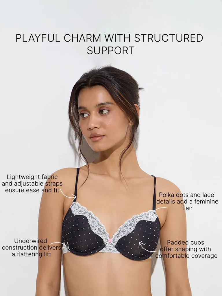 Wunderlove Black Polka Dotted Padded Under-Wired Bra
