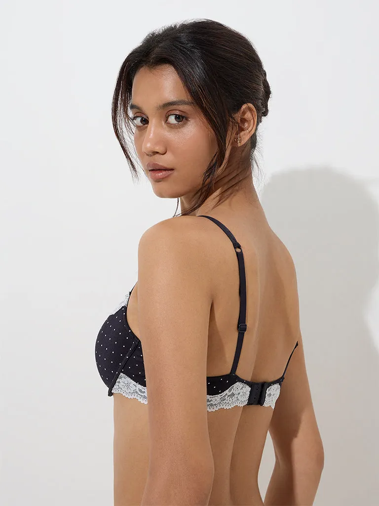 Wunderlove Black Polka Dotted Padded Under-Wired Bra