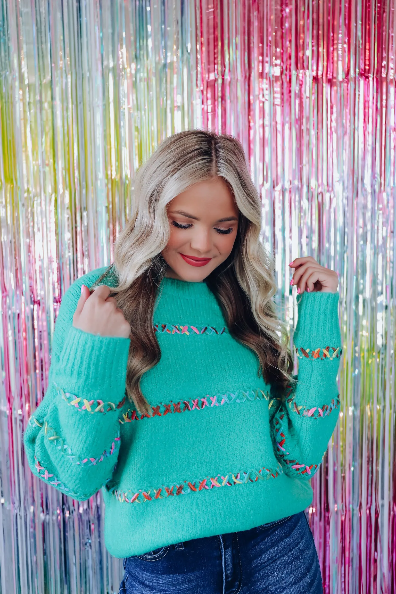 X Outstitch Embroidered Sweater - Light Teal
