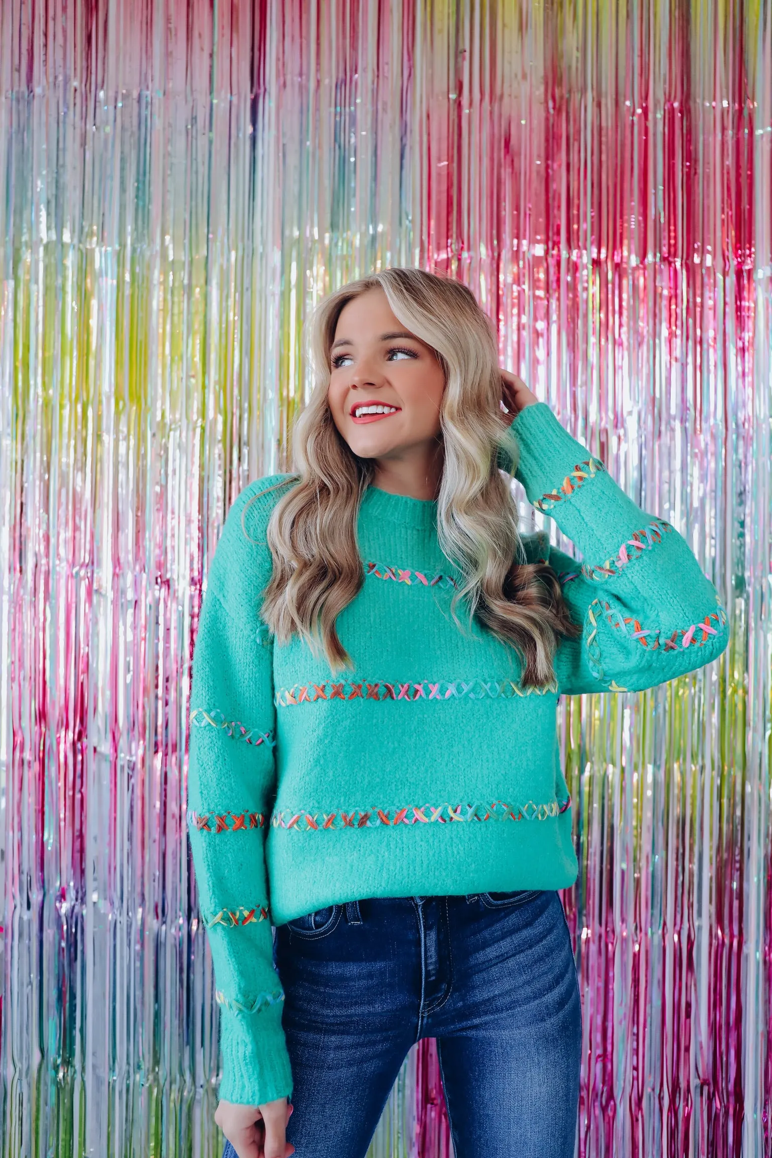 X Outstitch Embroidered Sweater - Light Teal
