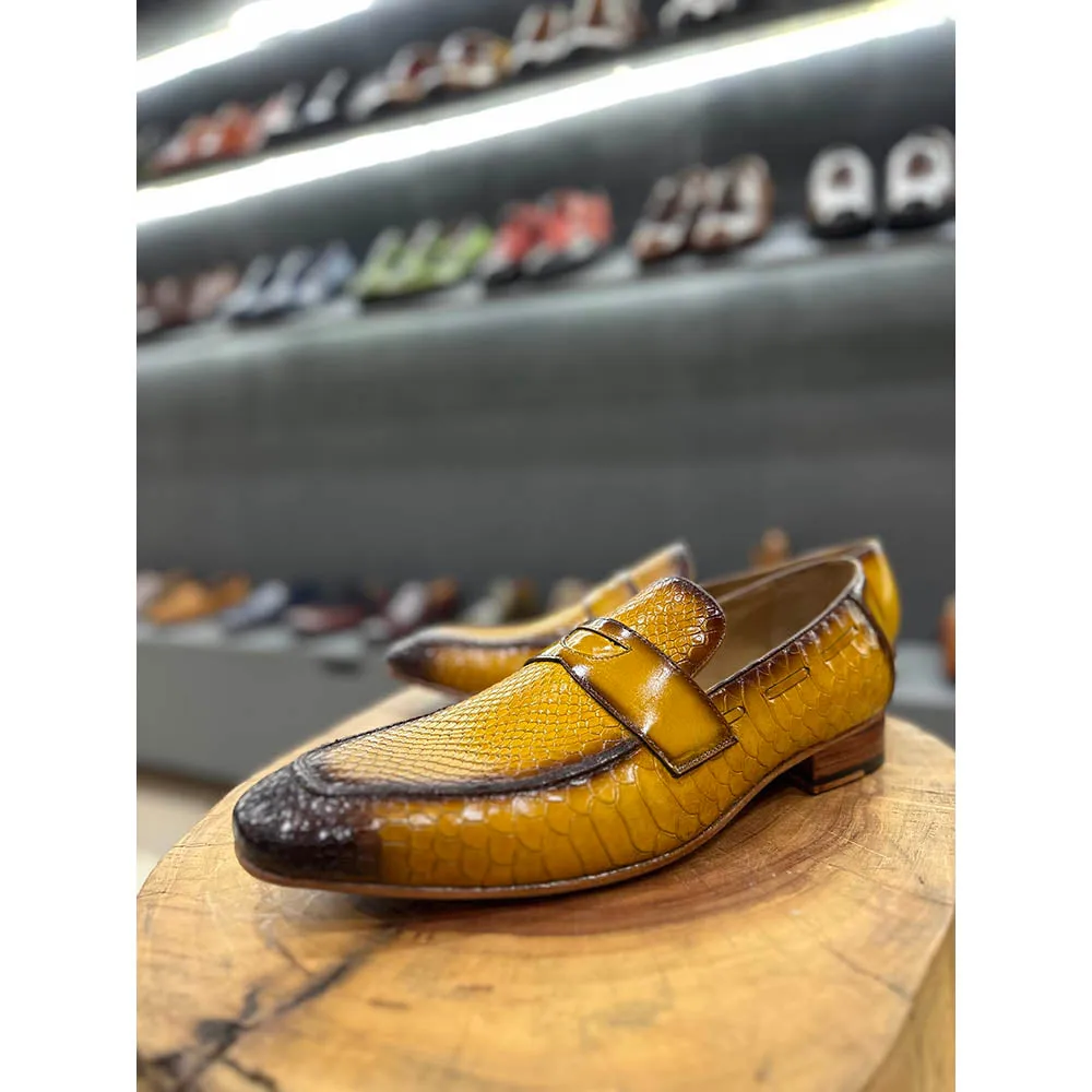 Yellow Mirror Glossed Patina Python Detail Penny Loafers