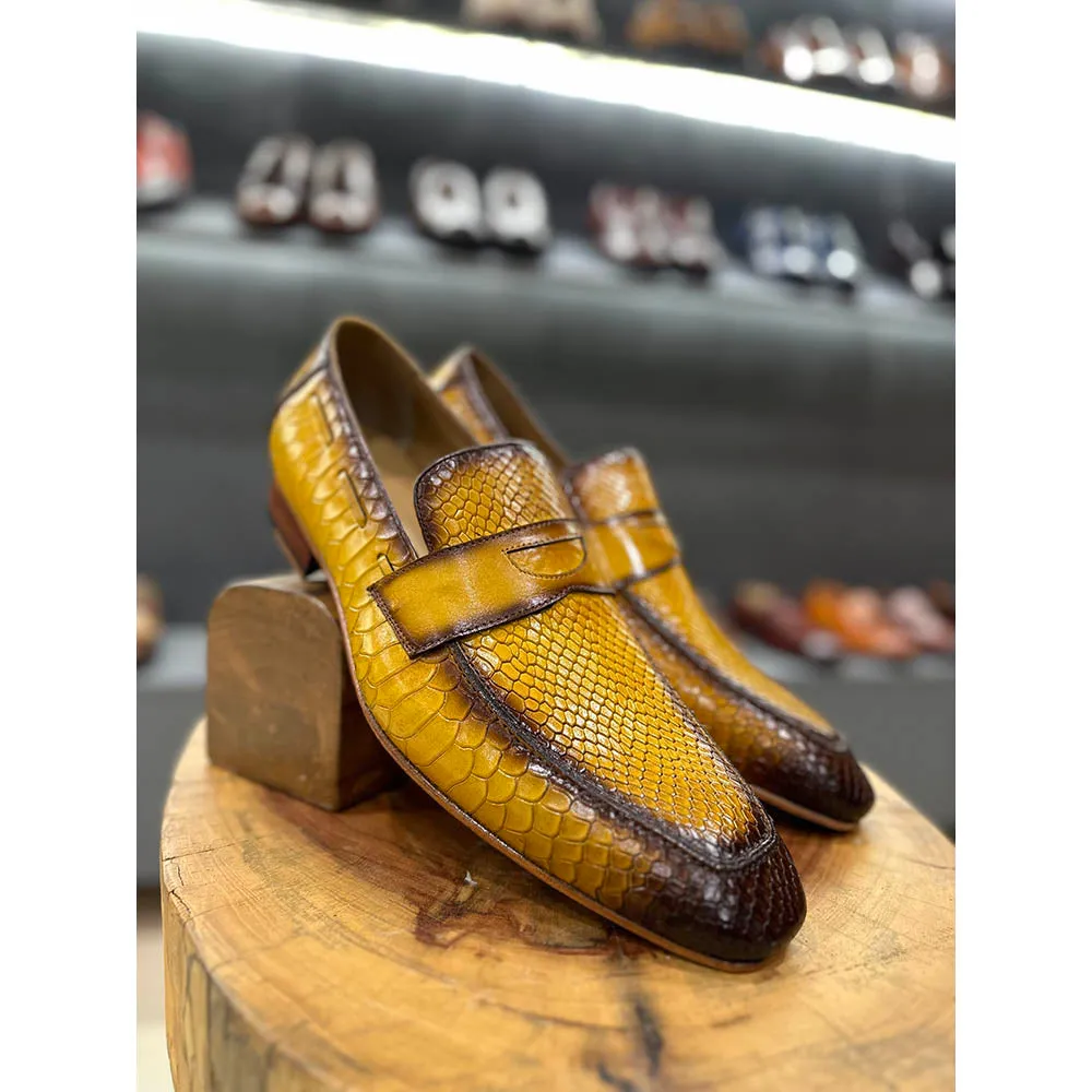 Yellow Mirror Glossed Patina Python Detail Penny Loafers