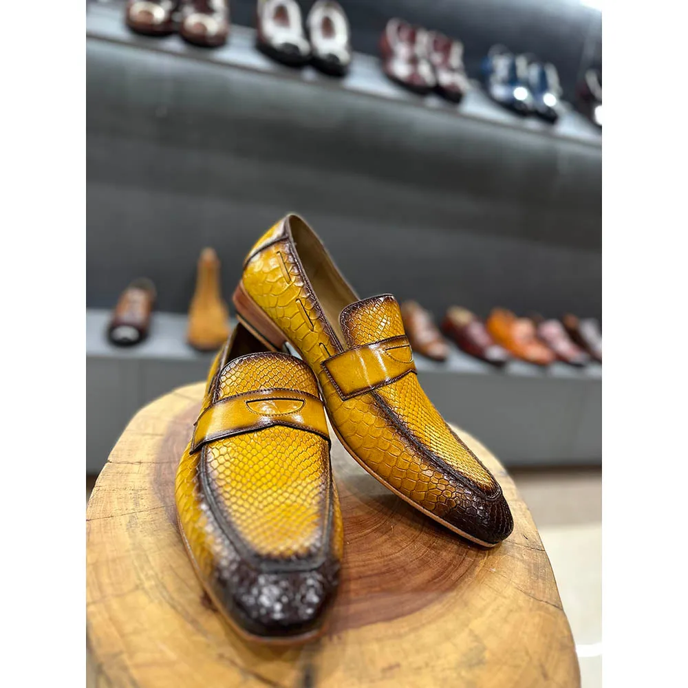 Yellow Mirror Glossed Patina Python Detail Penny Loafers