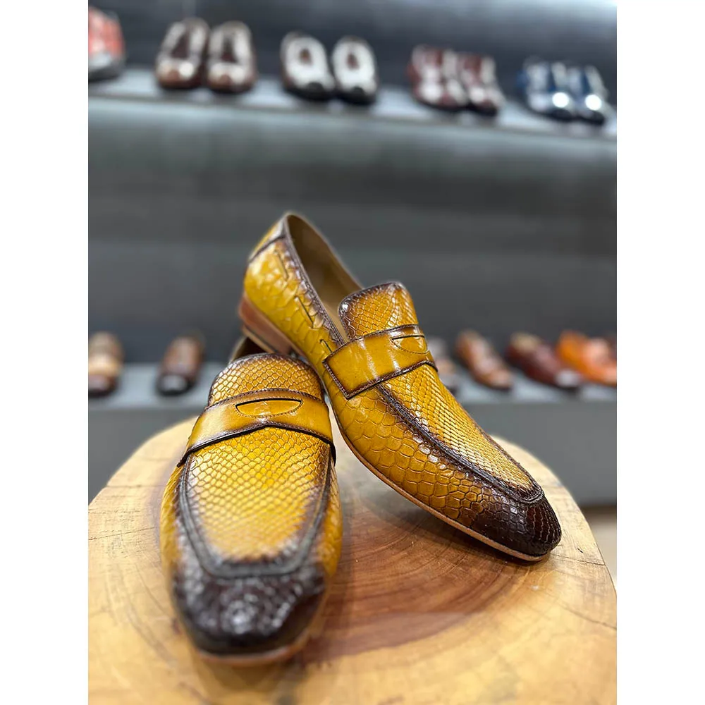 Yellow Mirror Glossed Patina Python Detail Penny Loafers