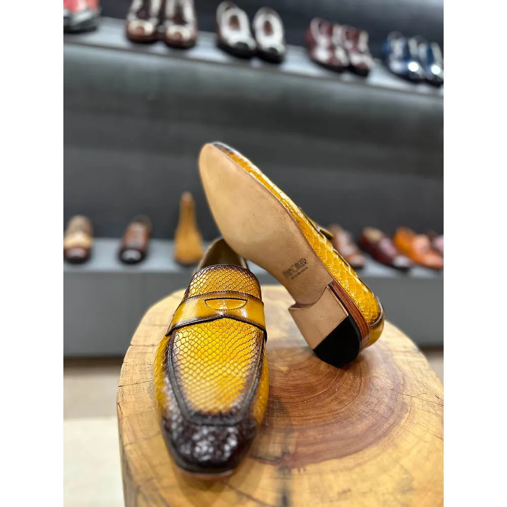 Yellow Mirror Glossed Patina Python Detail Penny Loafers