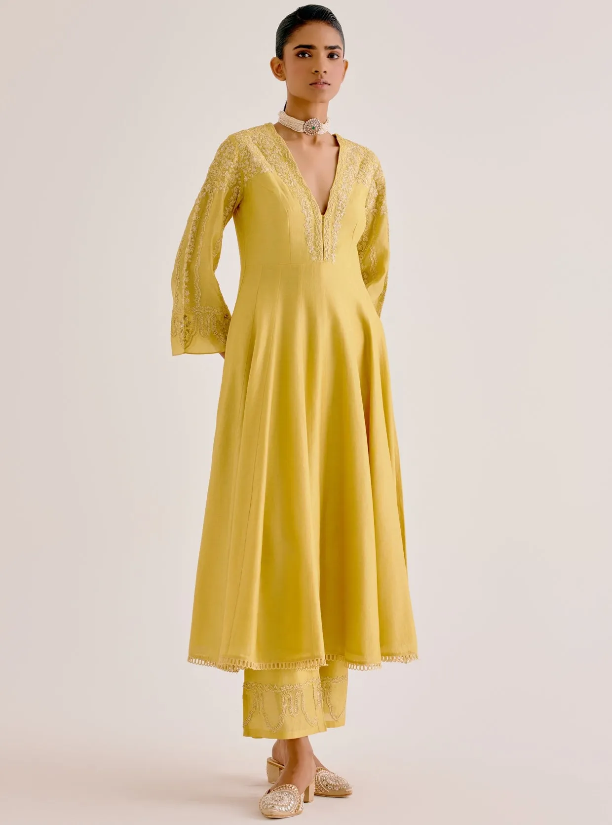 Yellow Silk Chanderi Dori Embroidered Anarkali Set