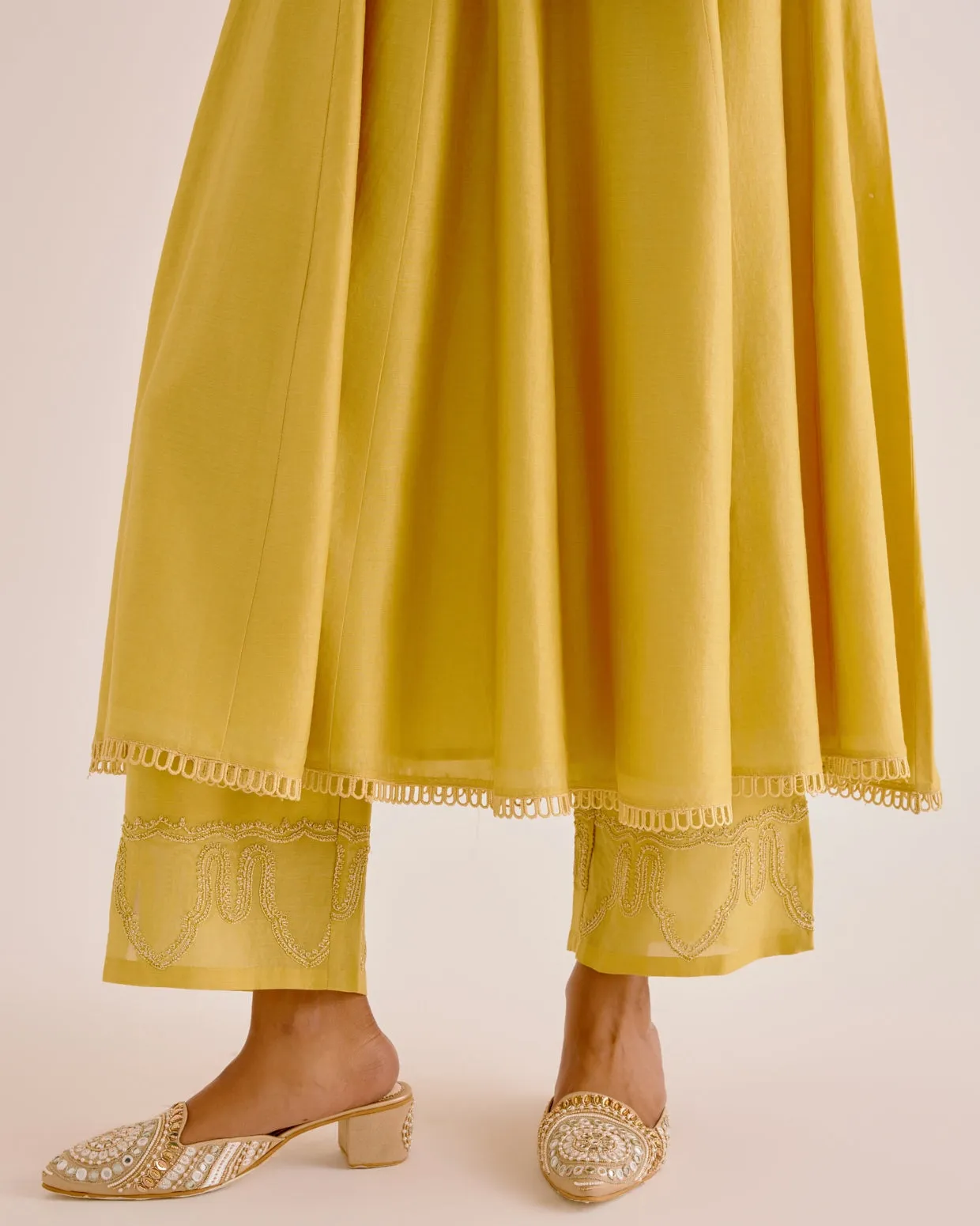 Yellow Silk Chanderi Dori Embroidered Anarkali Set
