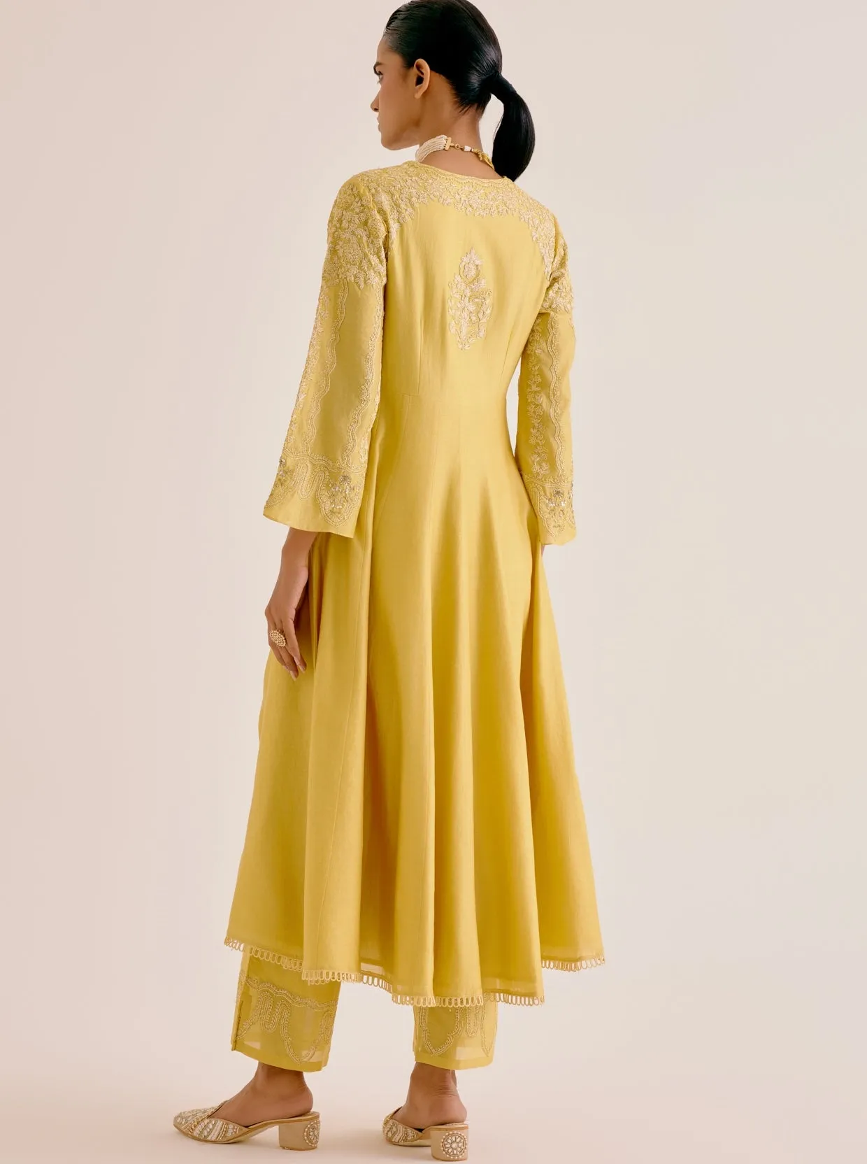 Yellow Silk Chanderi Dori Embroidered Anarkali Set